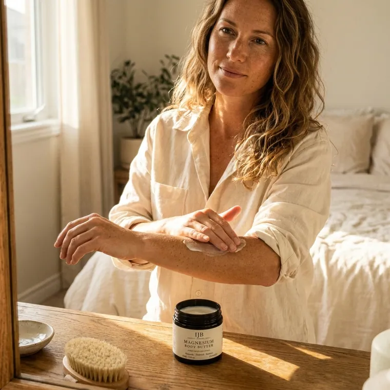 IJB body butter on a sunlit vanity