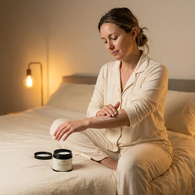 Woman applying IJB body butter in a bedroom