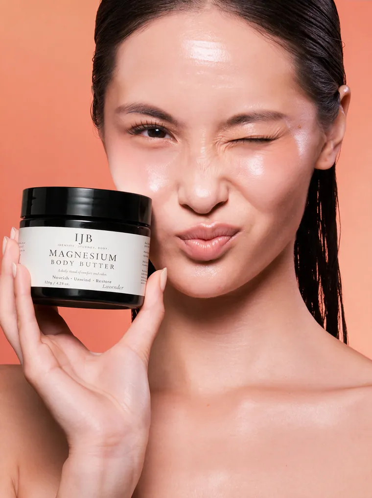 Model holding the IJB jar to camera