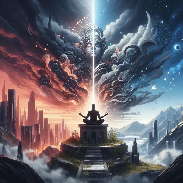 Cinematic channel banner — meditating figure above a city