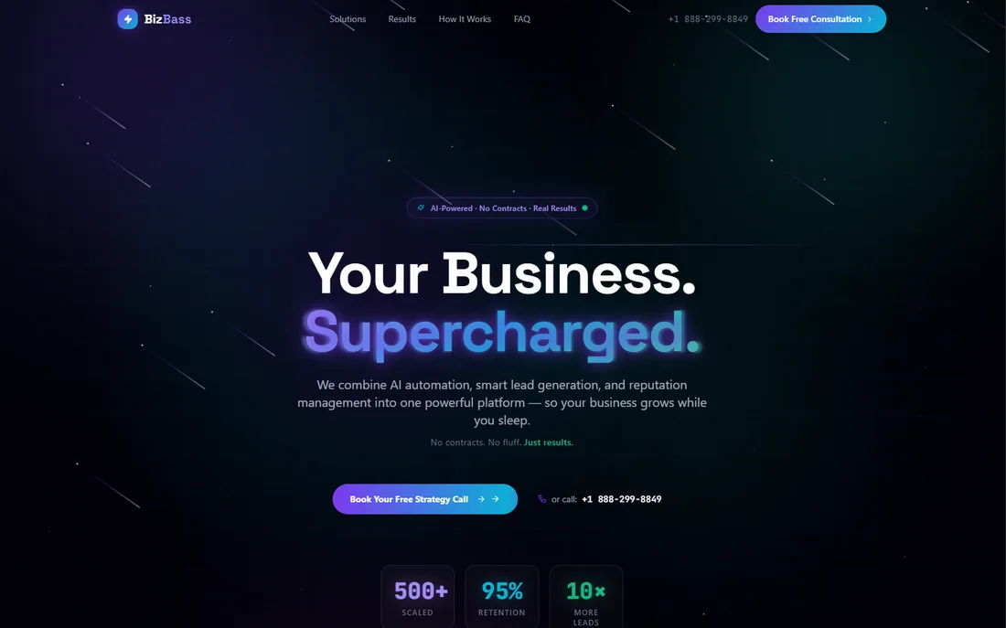 BizBass homepage — AI automation and lead generation platform