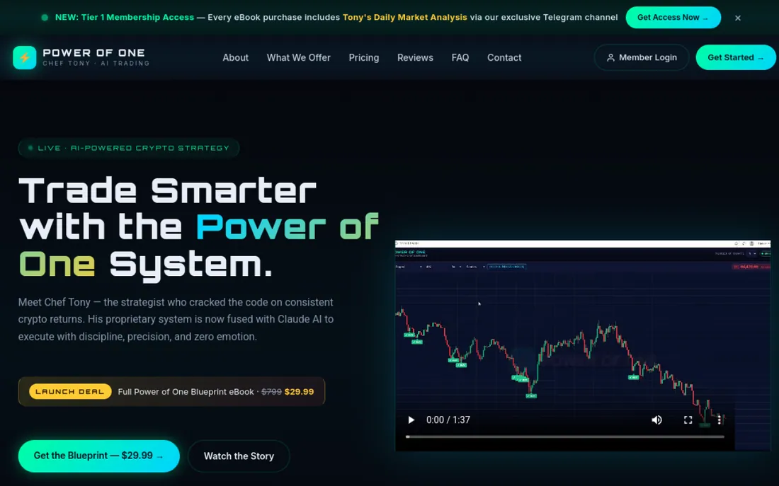 Power of One trading site homepage with live chart dashboard