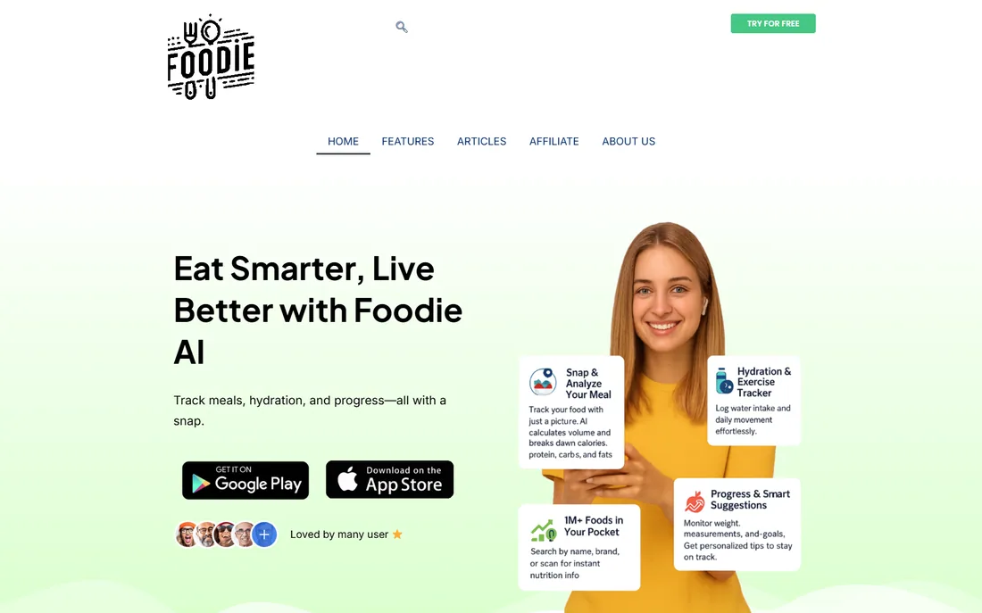 FoodieCal AI meal tracking website homepage