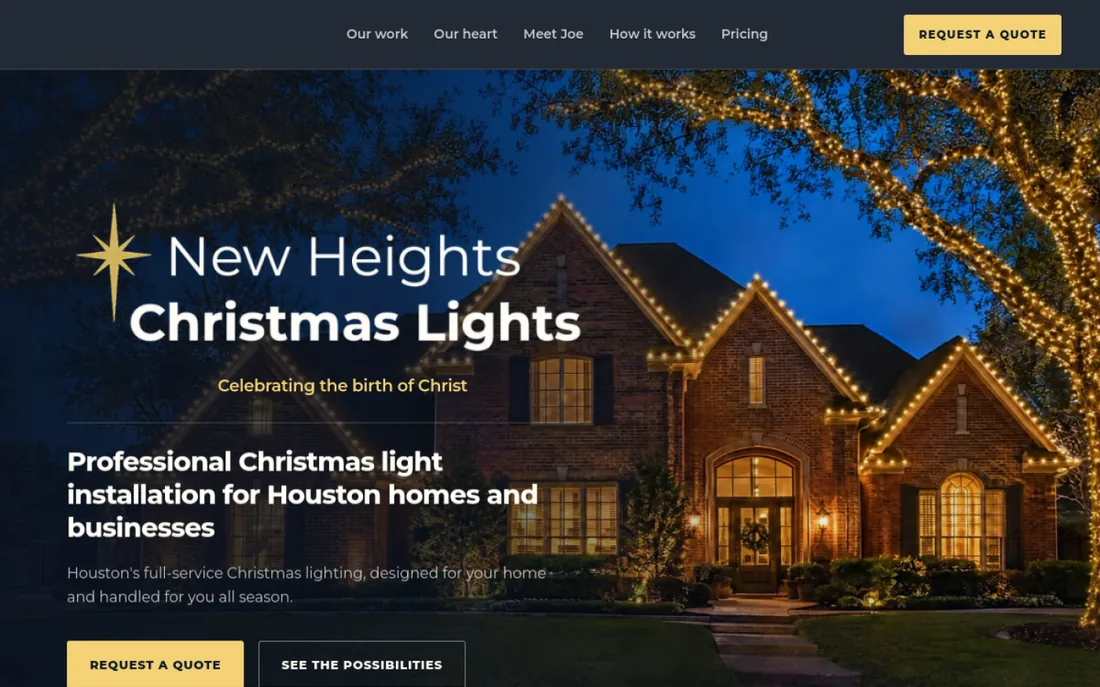New Heights Christmas Lights homepage showing a lit Houston home at dusk